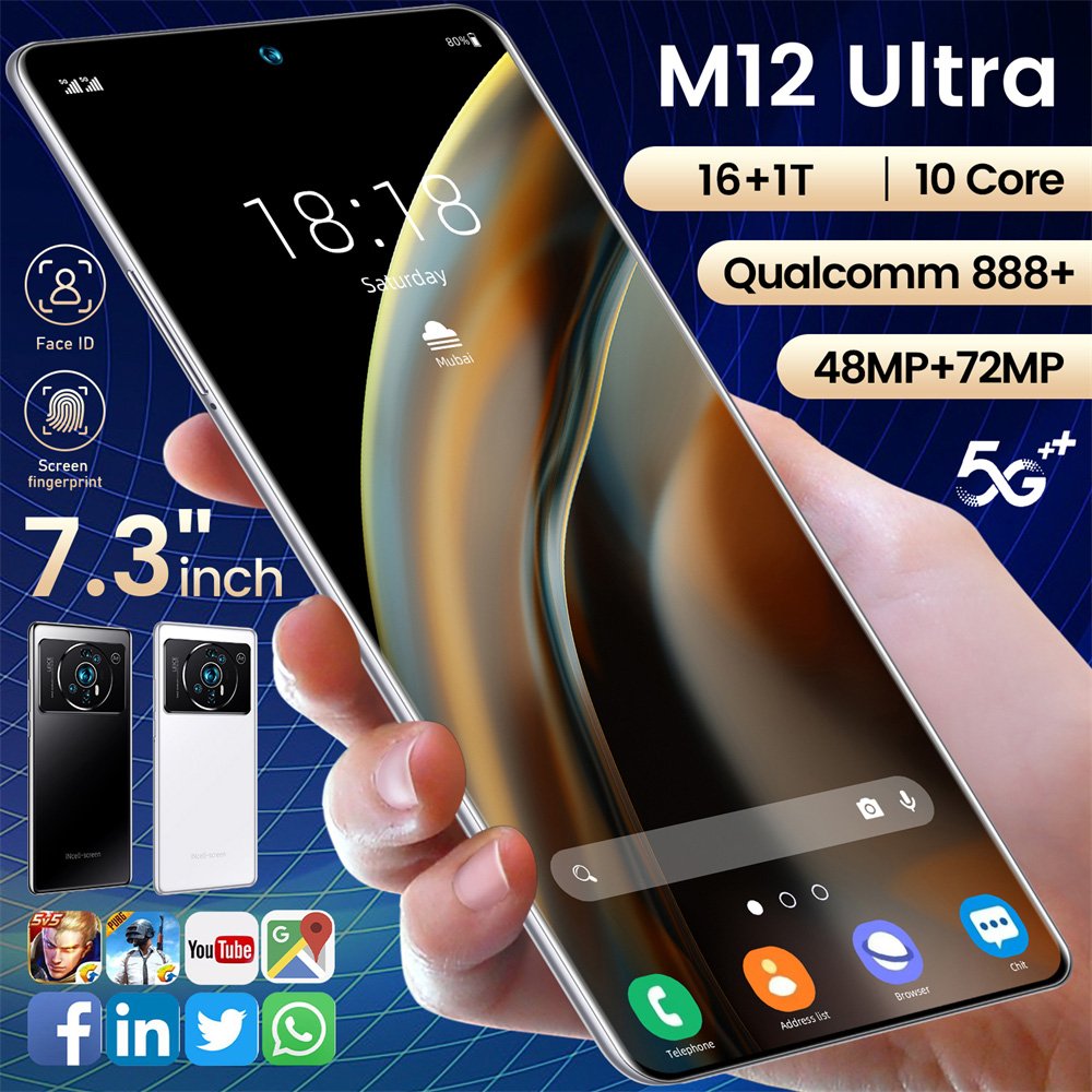 Foreign trade cross-border mobile phone M12 16+1TB large memory 7.3 inch large screen Android online gaming video smartphone